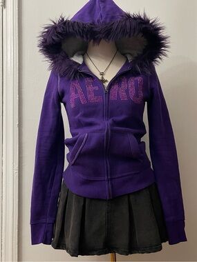 Aeropostale Purple Hooded Zip-Up Jacket with Faux-Fur Trim